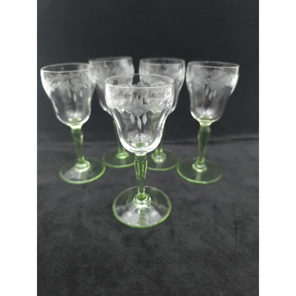 Vintage Uranium Glass Cordials Etched Foliate Design Stemware Set Of 5 Bryce?